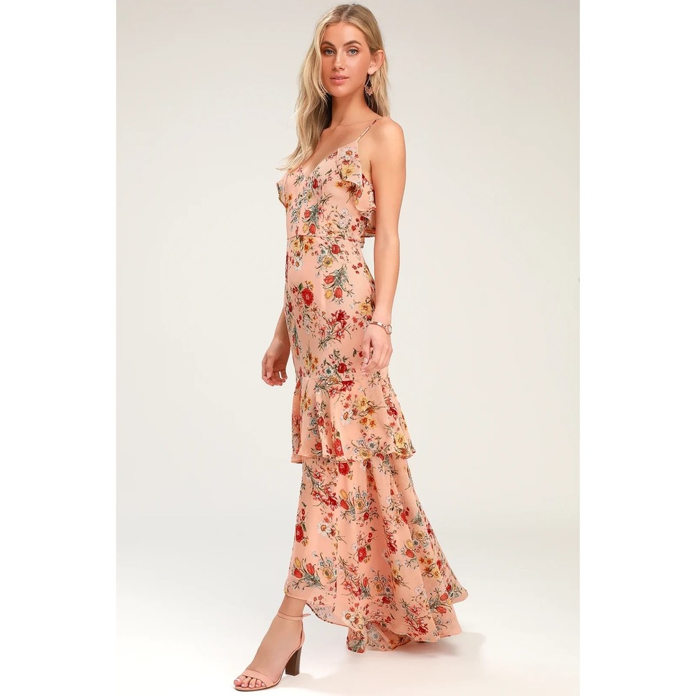 NWT LULUS Gabriella Blush Pink Floral Print Ruffled High-Low Maxi Dress Medium